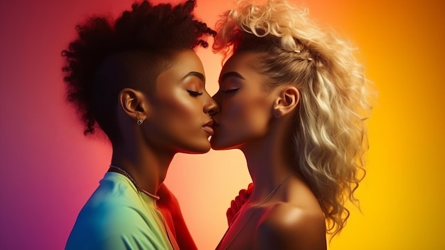 Love and kiss of lesbian couple on studio background in happy Lgbtq relationship together Gen z women pride partner happiness together