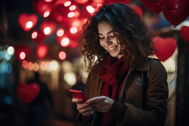 फोटो love in laughter amidst joyous laughter a woman discovers a love message on her phone embraced by a shower of playful red hearts