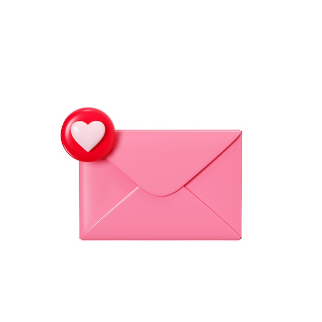 Lettera d'amore 3d rendering busta rosa chiusa con notifica cuore rosso isolata su bianco