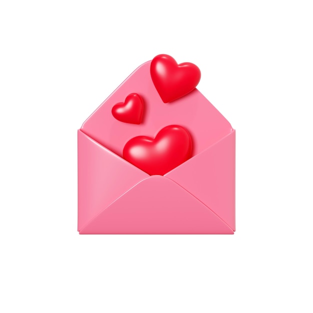 Lettera d'amore 3d rendering busta rosa aperta con cuore rosso volante isolato su bianco