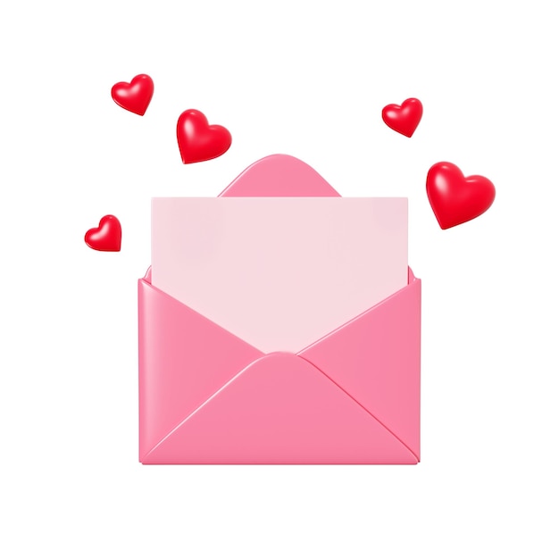 Love letter d render  open pink envelope with paper card and flying red heart decoration