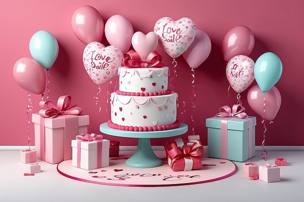 Love letter set on cake stand with balloons and gift boxes around 3d scene design