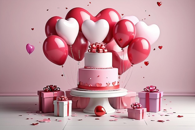 Love letter set on cake stand with balloons and gift boxes around 3d scene design