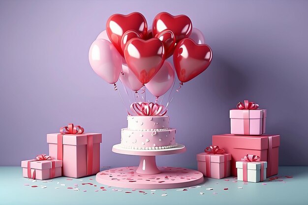 Photo love letter set on cake stand with balloons and gift boxes around 3d scene design