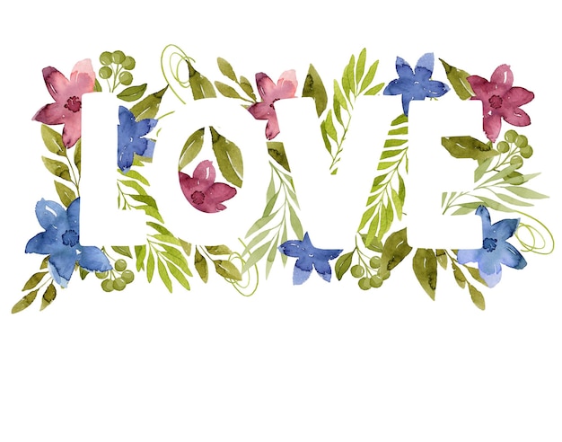 Photo love lettering with watercolor flowers and leaves botanical illustration