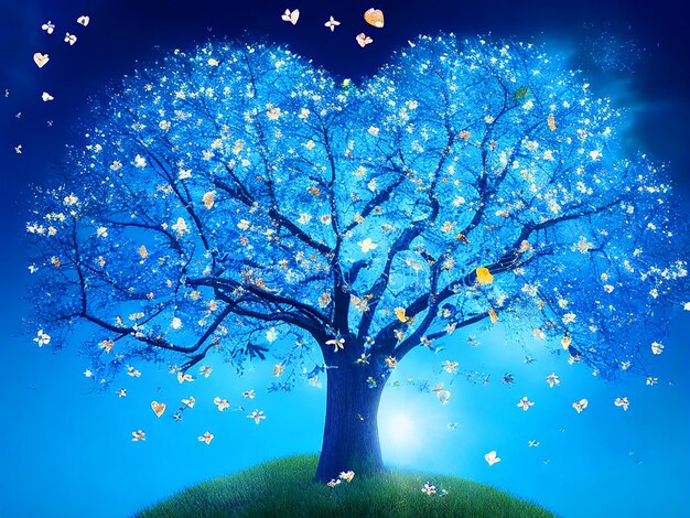 Светлое дерево любви голубое небо цветы птицы пчелы маленькие звезды светлое сердце в середине формы сердца
