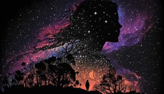 In love male silhouette dreaming about image of woman silhouette in night sky