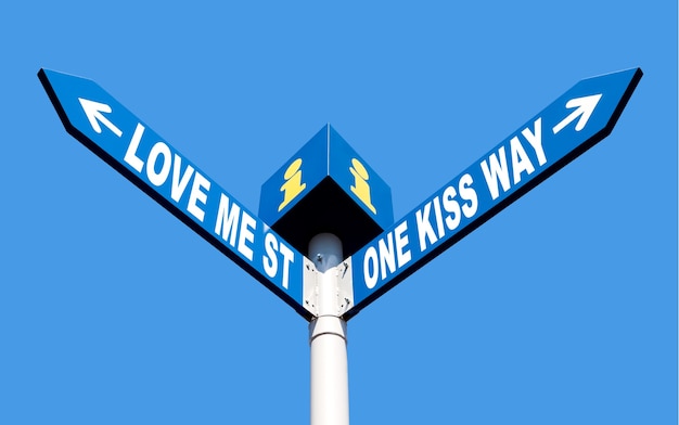 Love me street and one kiss way direction post over blue sky