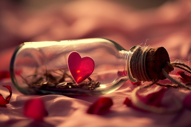 Photo love message in a bottle with a red heart on a pink background