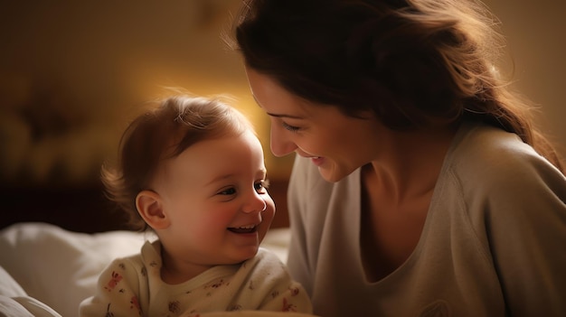 love of mom and cute baby in the living room cheerful