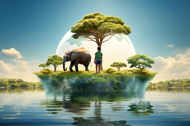 Photo love nature concept a young boy standing beside a majestic elephant both gazing at a globe symbolizing the earths interconnected ecosystems and the importance of nature conservation