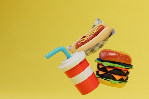Фото Любовь к фаст-фуду, гамбургеру, хот-догу и коле на желтом фоне копировать вставить копировать пространство 3d рендеринг