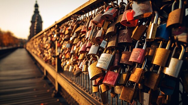 Foto i lucchetti d'amore al ponte al mattino