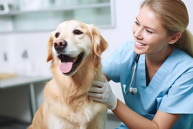 Photo love for pets and concern for their health veterinarian with a dog in the clinic female caucasian veterinary doctor checks the health of a labrador retriever dog