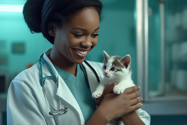 笑顔のアフリカ系アメリカ人の ⁇ 医師が小さな子猫の健康をチェックしています
