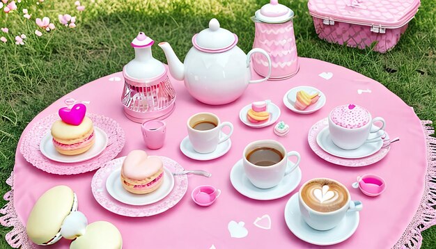 love pink toys and a cup of coffee on a pink tablecloth