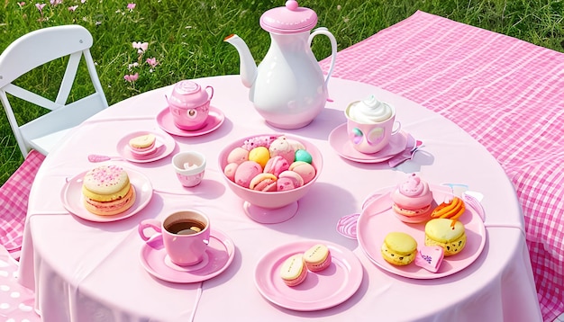 love pink toys and a cup of coffee on a pink tablecloth