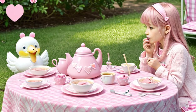 love pink toys and a cup of coffee on a pink tablecloth