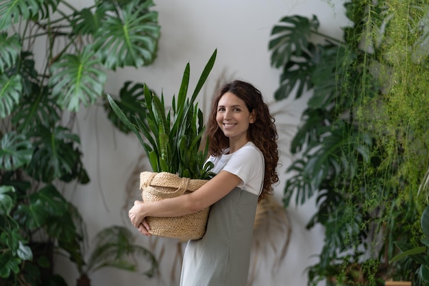植物への愛 幸せな女性は、自宅の屋内庭で微笑むサンスベリア観葉植物のポットを保持します