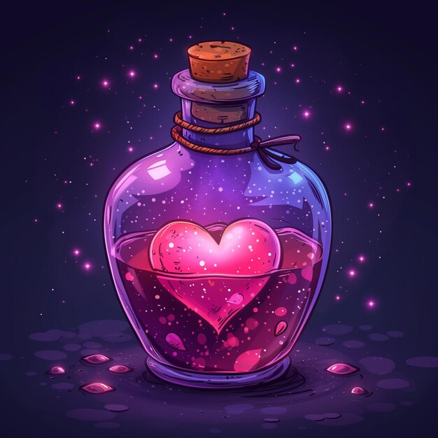 Love potion in magic jar bottle witch potion on dark violet background