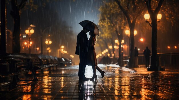 Love in the rain silhouette of a couple under an umbrella generative ai