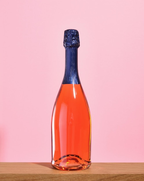 写真 愛の関係を祝うコンセプト ピンクの背景に祝いのシャンパンのボトル