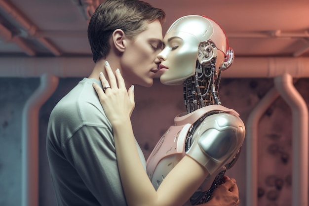 Любовные отношения между человеком и роботом Связь человеческих чувств Будущее отношение женский андроид киборг робот искусственный интеллект роботизация и автоматизация Генеративный ИИ