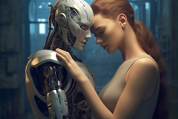 Photo love relationship between a human and a robot the connection of human feelings future attitud female android ciborg robot artificial intelligence robotization and automatization generative ai