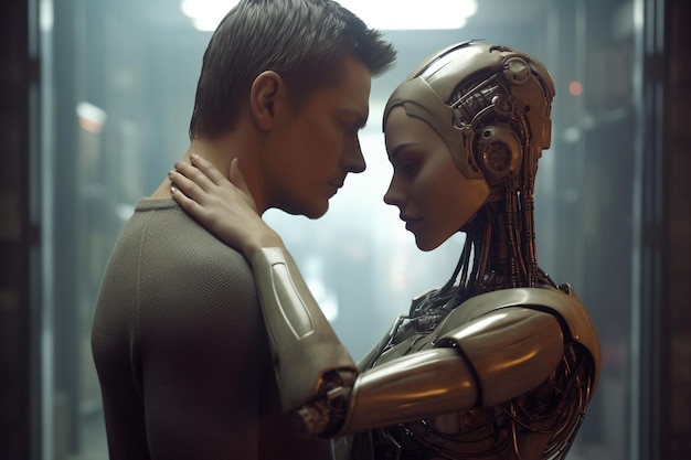 Photo love relationship between a human and a robot the connection of human feelings future attitud female android ciborg robot artificial intelligence robotization and automatization generative ai