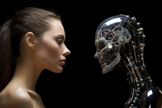 Photo love relationship between a human and a robot the connection of human feelings future attitud female android ciborg robot artificial intelligence robotization and automatization generative ai