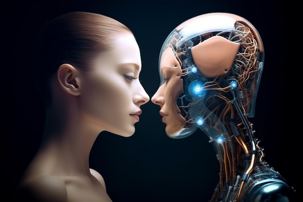 Photo love relationship between a human and a robot the connection of human feelings future attitud female android ciborg robot artificial intelligence robotization and automatization generative ai