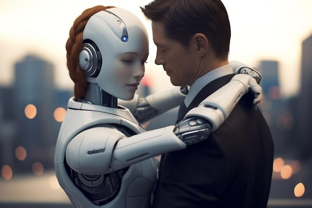 Photo love relationship between a human and a robot the connection of human feelings future attitud female android ciborg robot artificial intelligence robotization and automatization generative ai