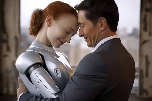 Love relationship between a human and a robot The connection of human feelings Future attitud female android ciborg robot artificial intelligence robotization and automatization Generative AI