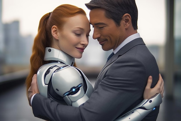 Foto relazione d'amore tra un essere umano e un robot la connessione dei sentimenti umani atteggiamento futuro femmina androide robot ciborg intelligenza artificiale robotizzazione e automatizzazione ai generativa