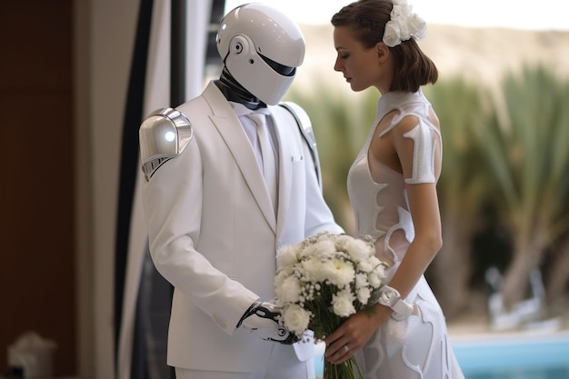 Photo love relationship between a human and a robot the connection of human feelings future attitud female android ciborg robot artificial intelligence robotization and automatization generative ai