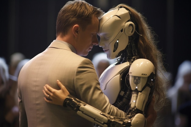 Love relationship between a human and a robot The connection of human feelings Future attitud female android ciborg robot artificial intelligence robotization and automatization Generative AI