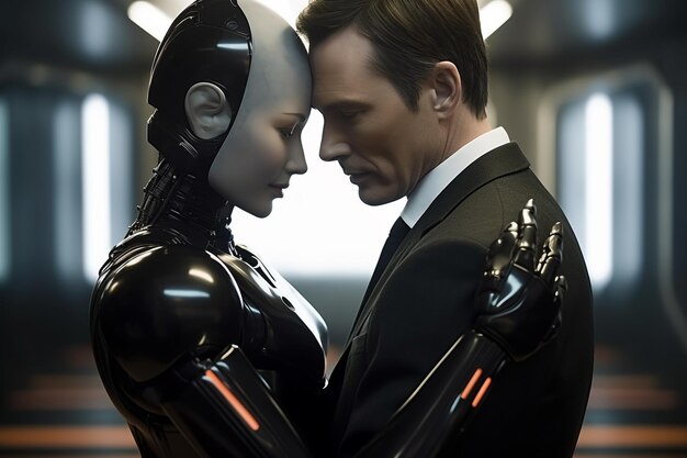 Love relationship between a human and a robot The connection of human feelings Future attitud female android ciborg robot artificial intelligence robotization and automatization Generative AI