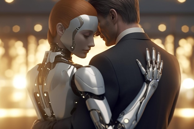 Photo love relationship between a human and a robot the connection of human feelings future attitud female android ciborg robot artificial intelligence robotization and automatization generative ai