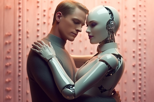 Photo love relationship between a human and a robot the connection of human feelings future attitud female android ciborg robot artificial intelligence robotization and automatization generative ai