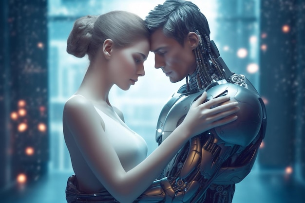 Photo love relationship between a human and a robot the connection of human feelings future attitud female android ciborg robot artificial intelligence robotization and automatization generative ai