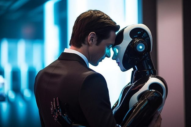 Photo love relationship between a human and a robot the connection of human feelings future attitud female android ciborg robot artificial intelligence robotization and automatization generative ai