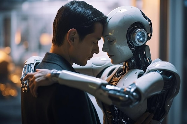 Photo love relationship between a human and a robot the connection of human feelings future attitud female android ciborg robot artificial intelligence robotization and automatization generative ai