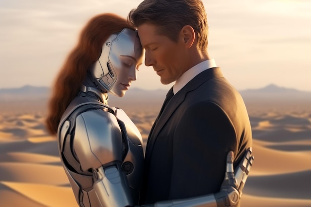 Photo love relationship between a human and a robot the connection of human feelings future attitud female android ciborg robot artificial intelligence robotization and automatization generative ai