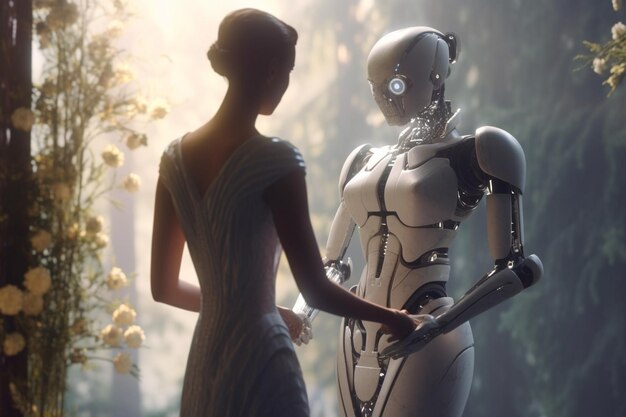 Photo love relationship between a human and a robot the connection of human feelings future attitud female android ciborg robot artificial intelligence robotization and automatization generative ai