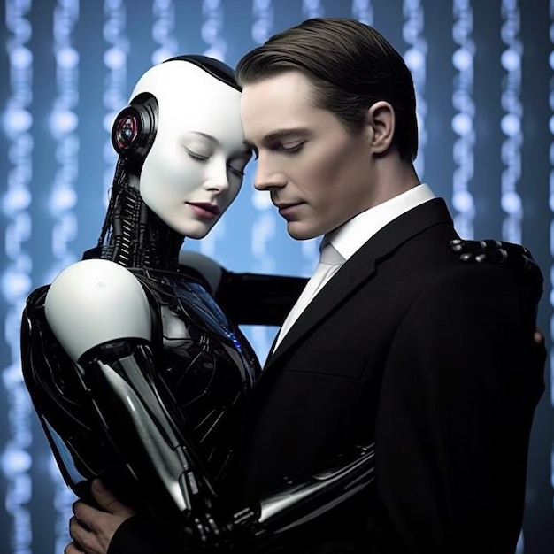 Photo love relationship between a human and a robot the connection of human feelings future attitud female android ciborg robot artificial intelligence robotization and automatization generative ai