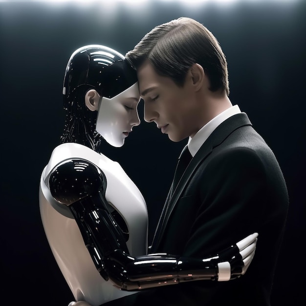 Love relationship between a human and a robot The connection of human feelings Future attitud female android ciborg robot artificial intelligence robotization and automatization Generative AI