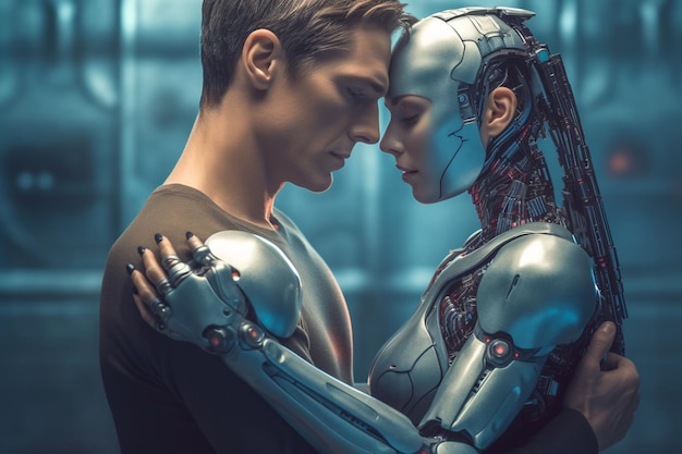 Photo love relationship between a human and a robot the connection of human feelings future attitud female android ciborg robot artificial intelligence robotization and automatization generative ai