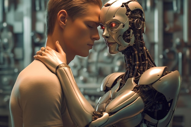 Photo love relationship between a human and a robot the connection of human feelings future attitud female android ciborg robot artificial intelligence robotization and automatization generative ai