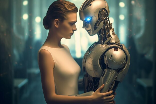 Photo love relationship between a human and a robot the connection of human feelings future attitud female android ciborg robot artificial intelligence robotization and automatization generative ai