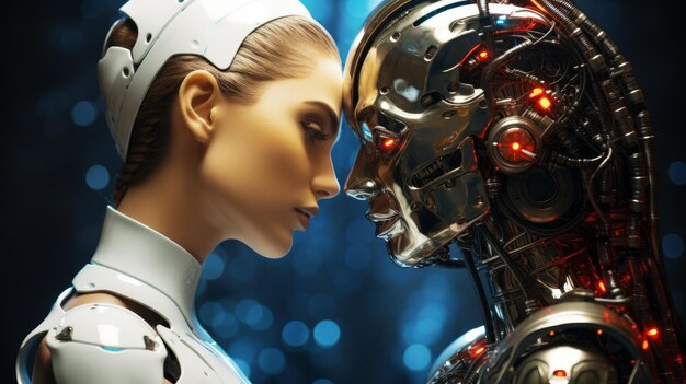 Photo love between a robot and a woman